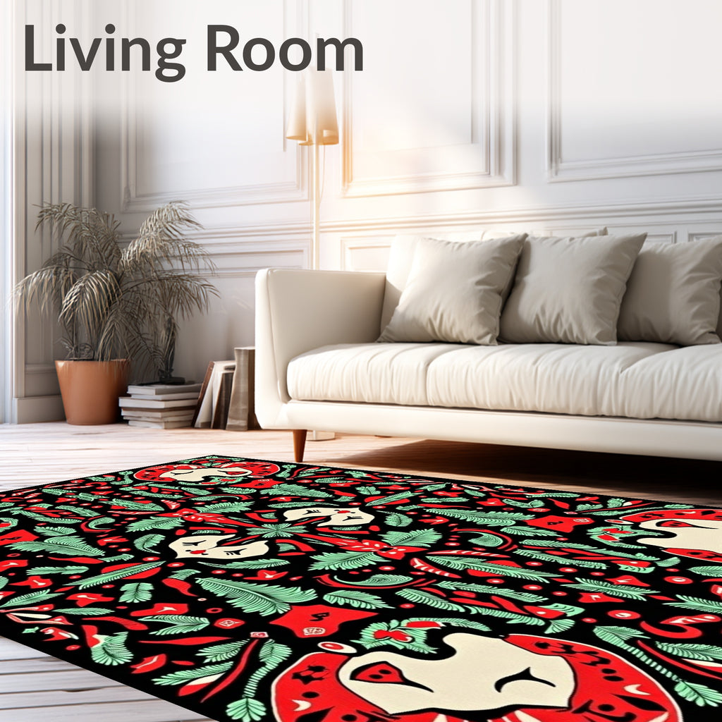 Black Red Green Folk Faces Ferns Rug
