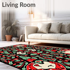 Black Red Green Folk Faces Ferns Rug