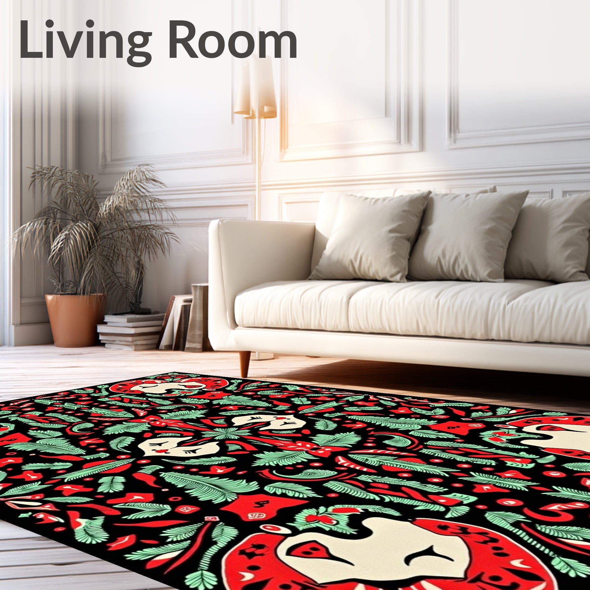 Black Red Green Folk Faces Ferns Rug