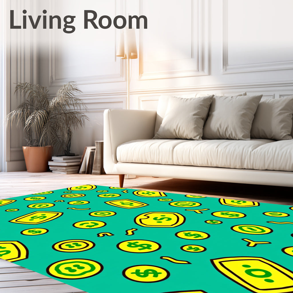 Golden Dollar Bills Coins Teal Rug