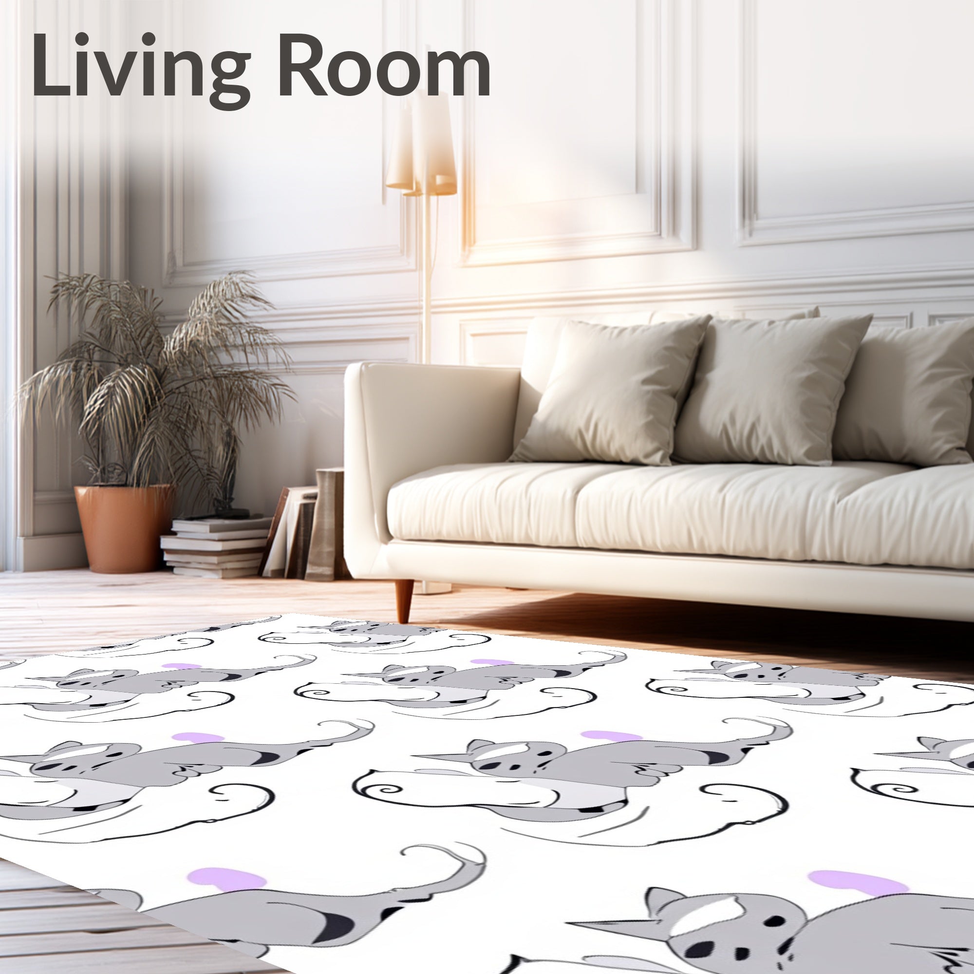 Whimsical Gray Cat Abstract Lilac Spots Rug