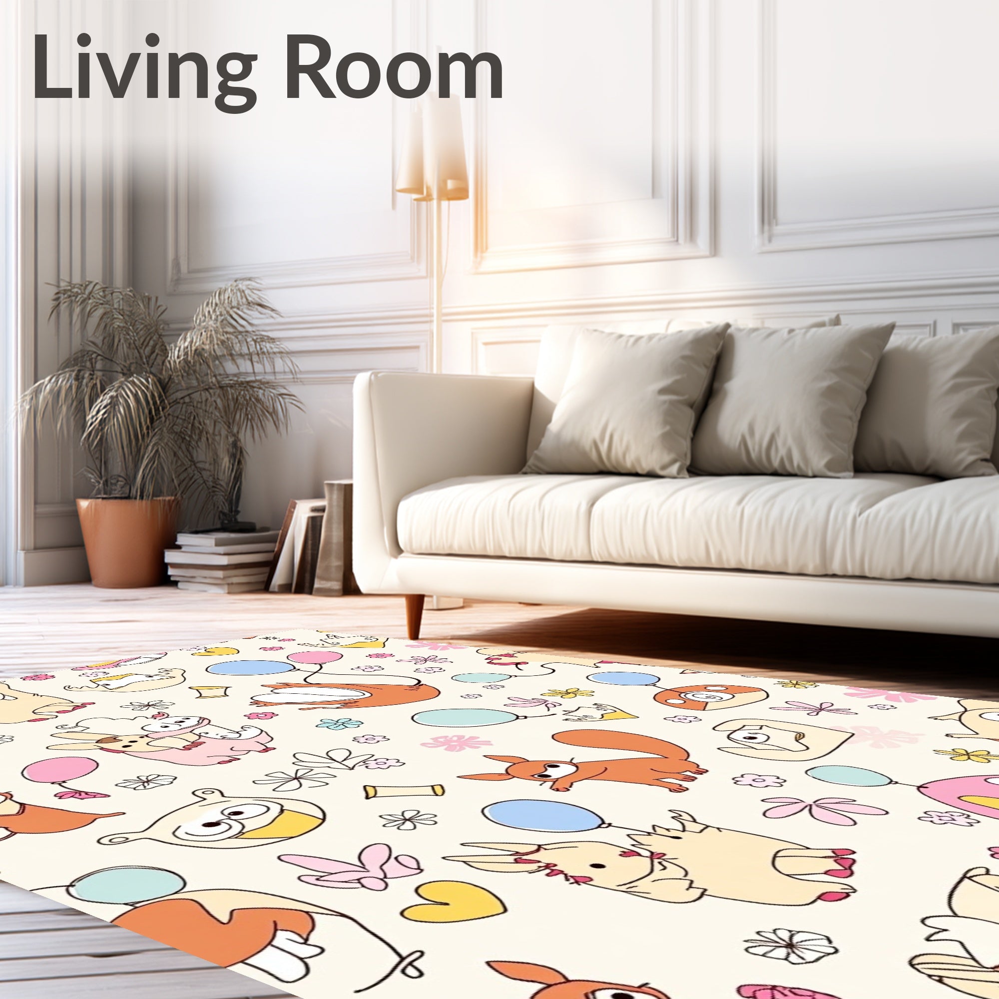 Whimsical Playful Creatures Pastel Balloons Rug