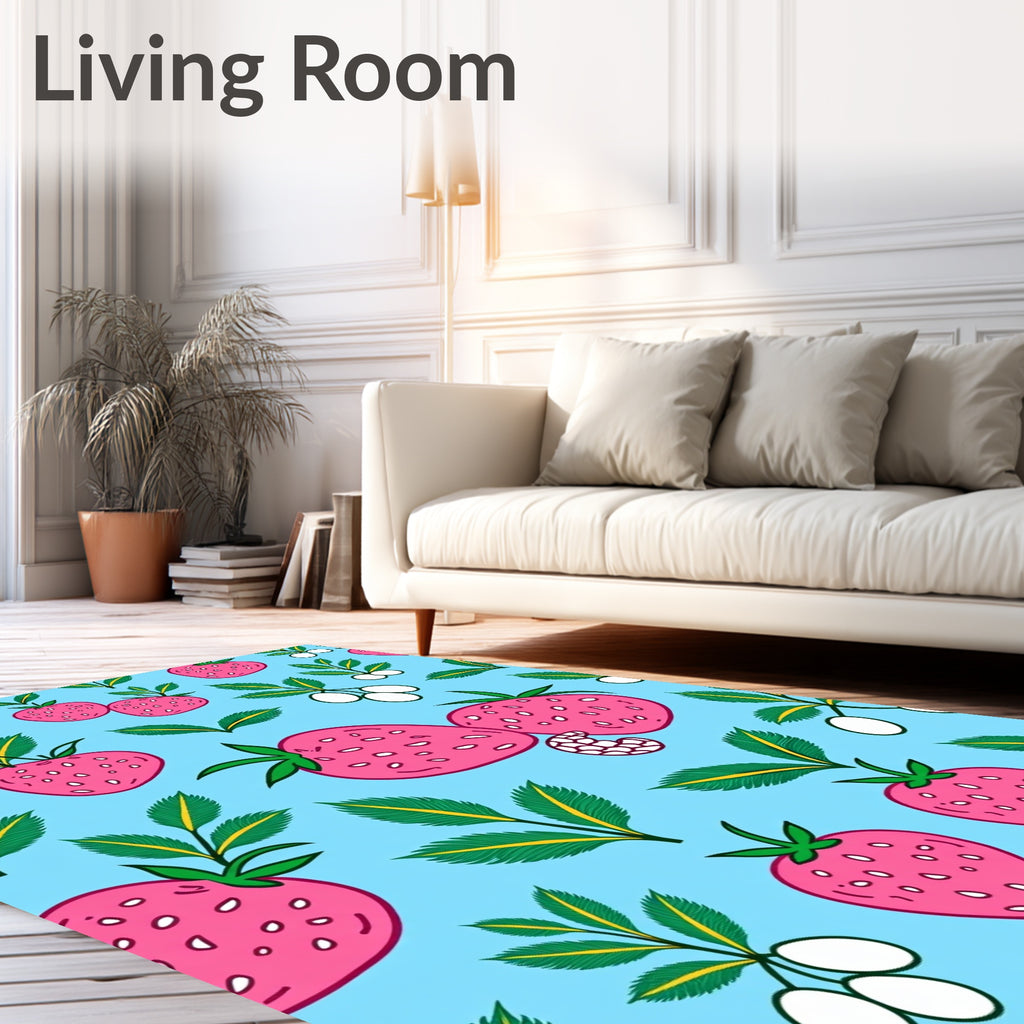 Pink Strawberry Garden On Blue Rug