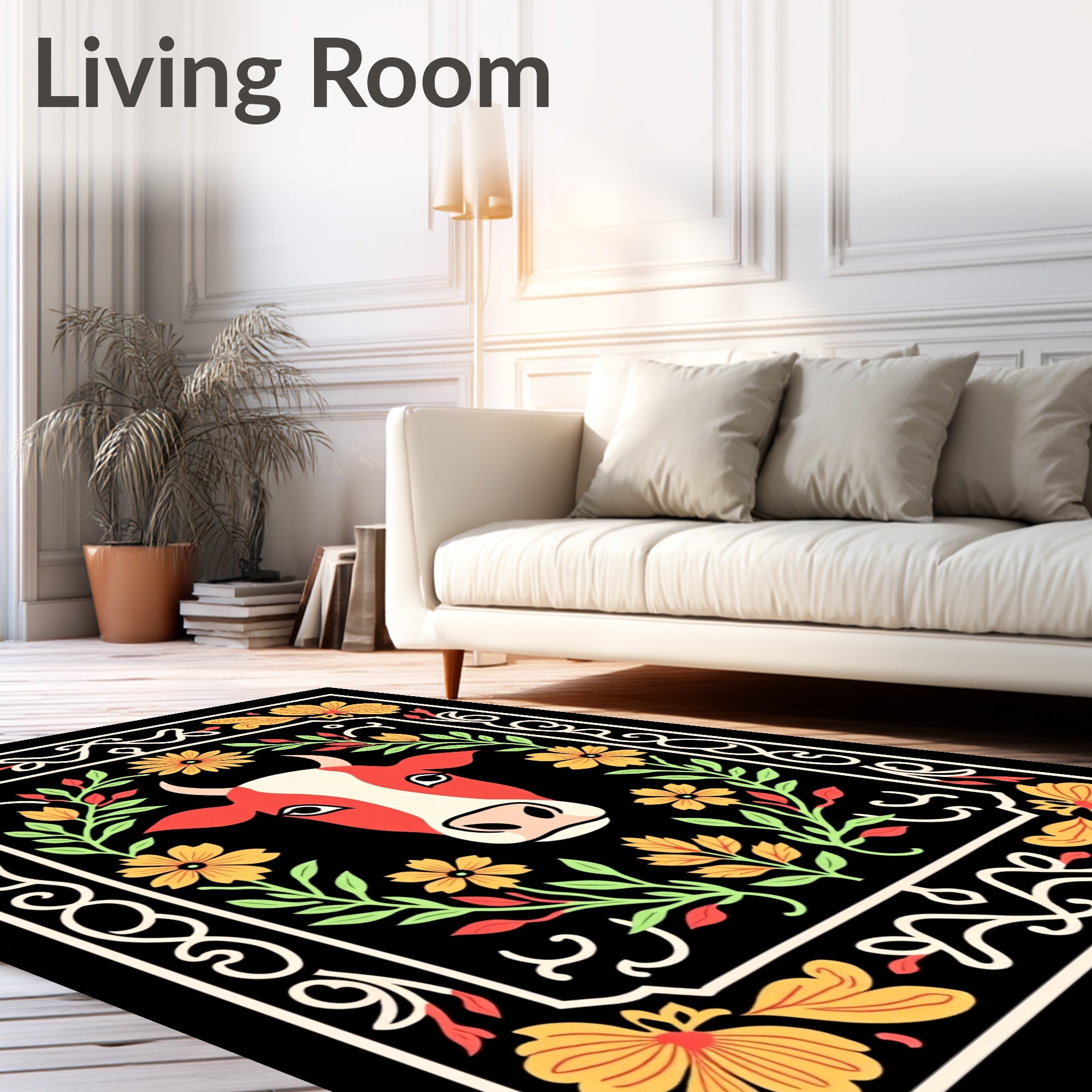 Red Cow Floral Frame Folk Art Rug