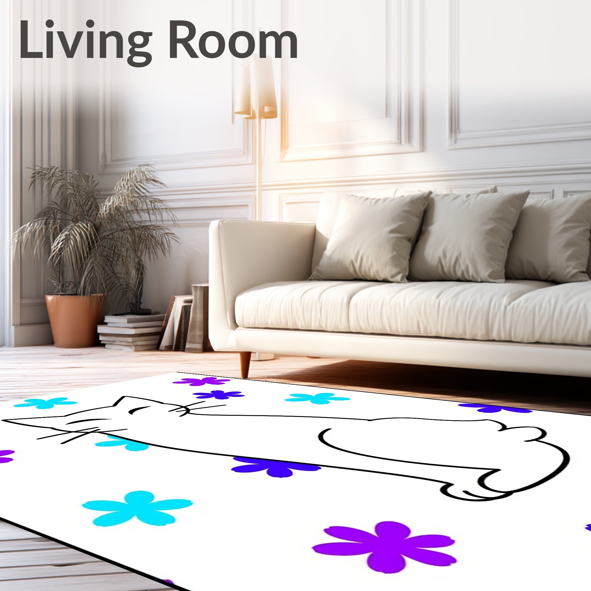 Whimsical White Cat Purple Blue Flowers Rug