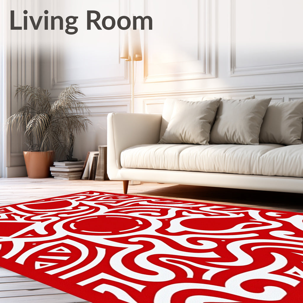 Bold Red White Abstract Organic Flow Rug