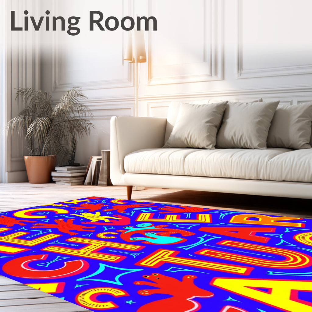 Vibrant Red Yellow Characters Playful Rug