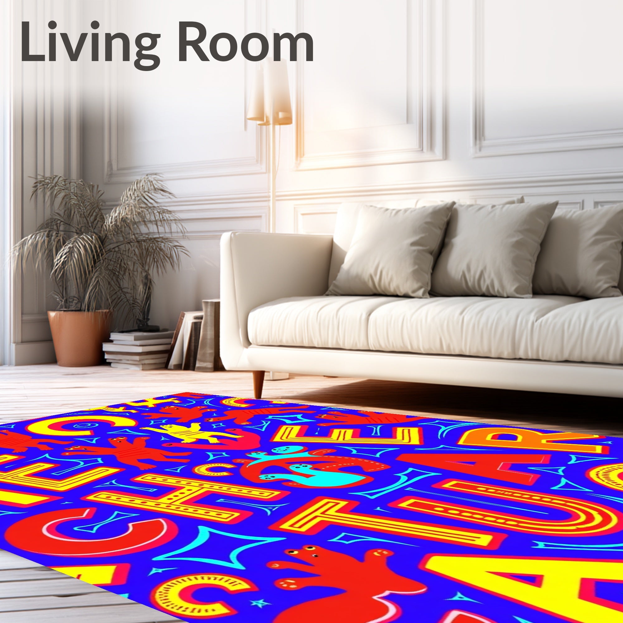 Vibrant Red Yellow Characters Playful Rug
