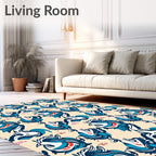 Dynamic Blue Red Bird Swirl Arrangement Rug
