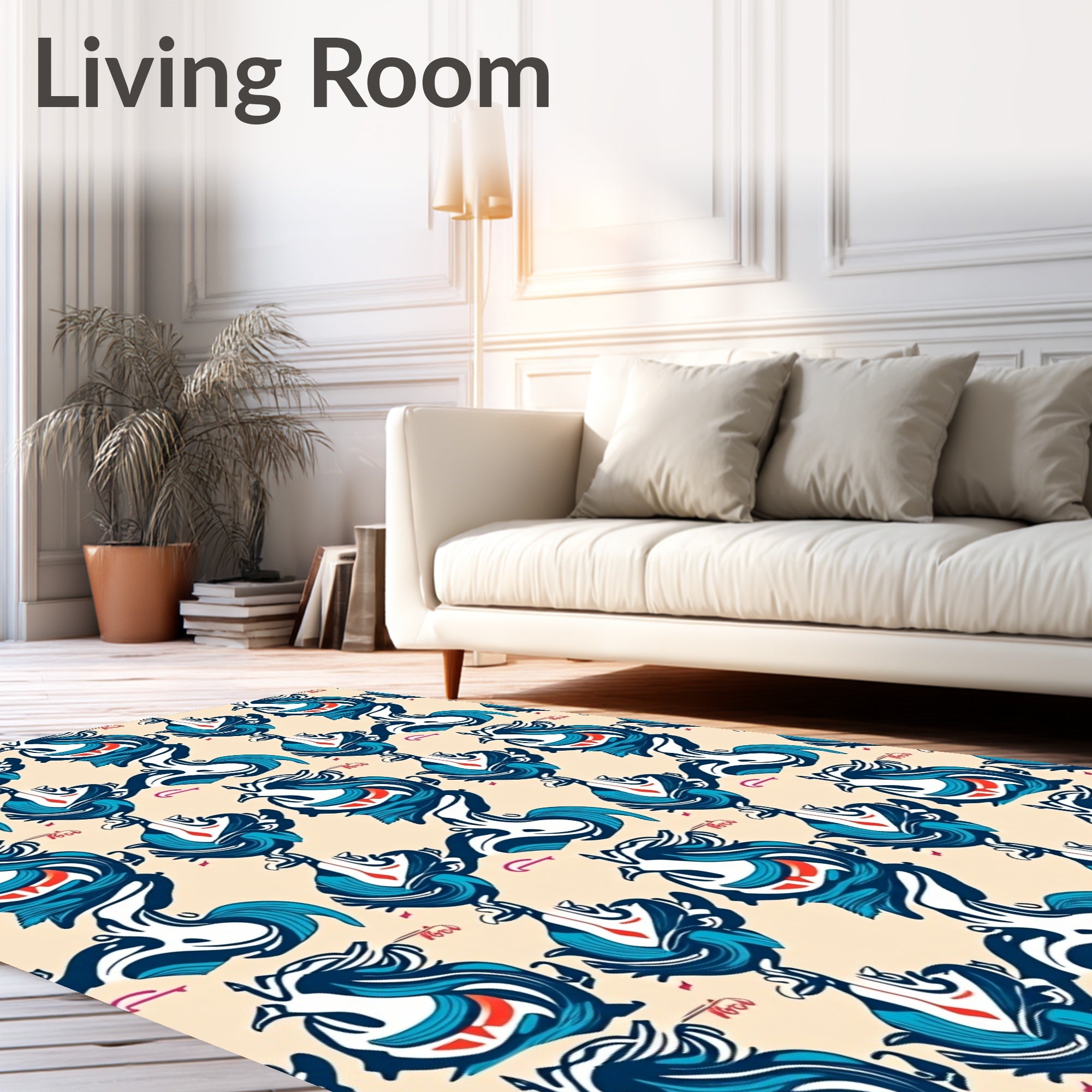 Dynamic Blue Red Bird Swirl Arrangement Rug