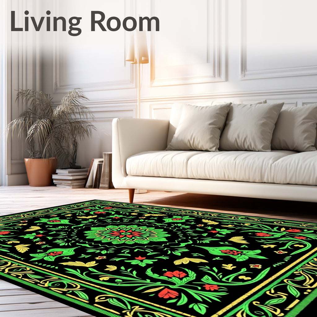Vibrant Red Green Floral Medallion Rug