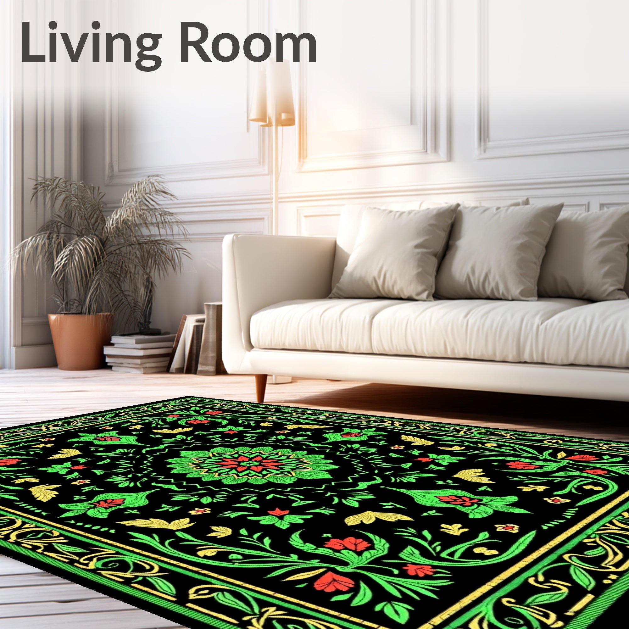 Vibrant Red Green Floral Medallion Rug