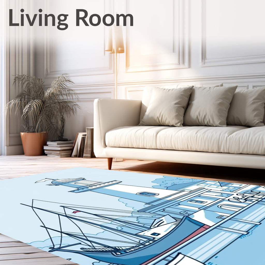 Coastal Lighthouse Sailboat Harbor Scene Rug
