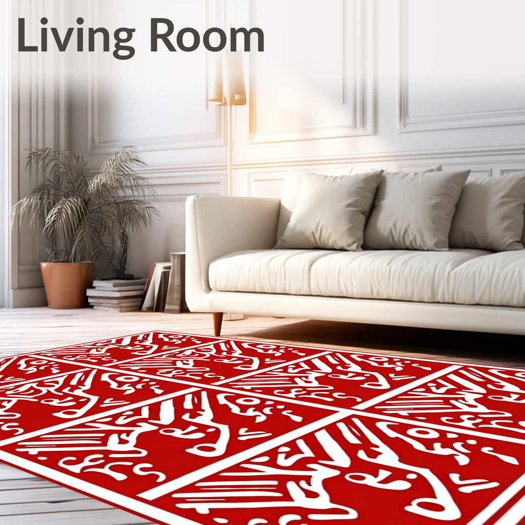 Bold Red White Stylized Hieroglyphics Rug
