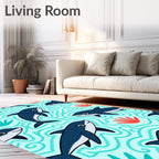 Playful Navy Dolphins Under Aqua Waves Rug
