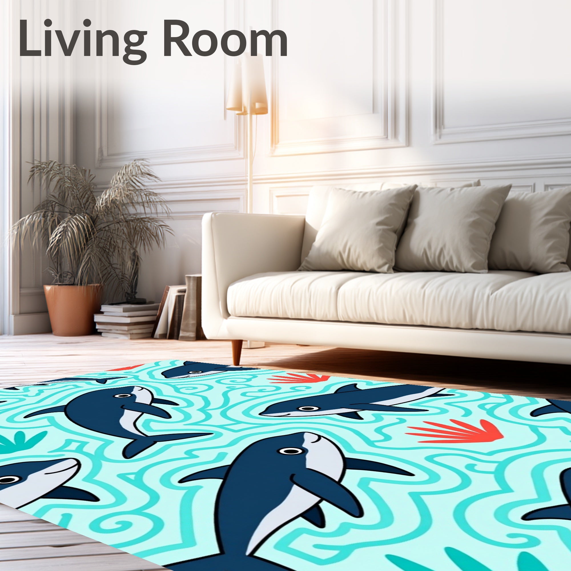 Playful Navy Dolphins Under Aqua Waves Rug