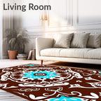 Brown White Cyan Floral Medallion Rug