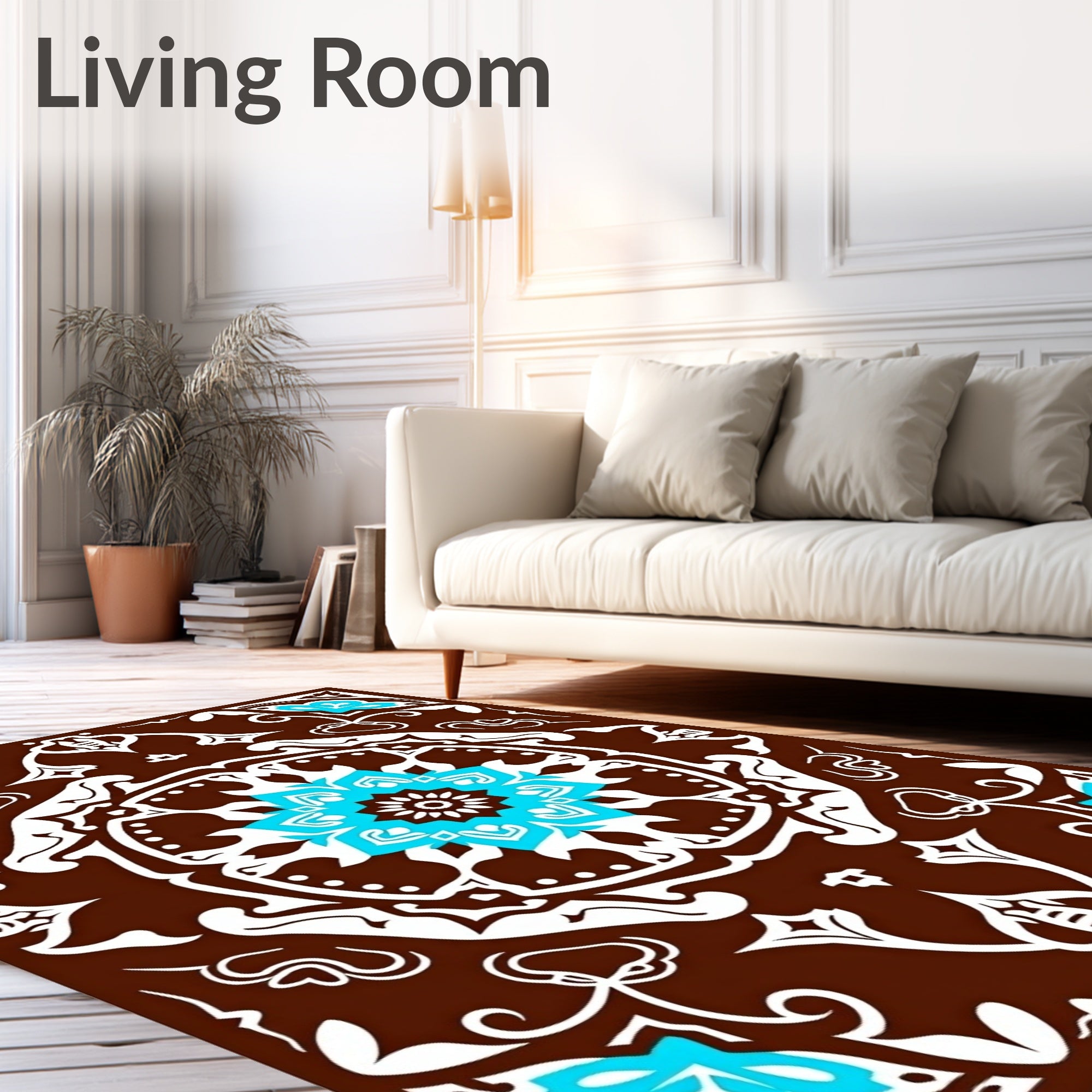 Brown White Cyan Floral Medallion Rug
