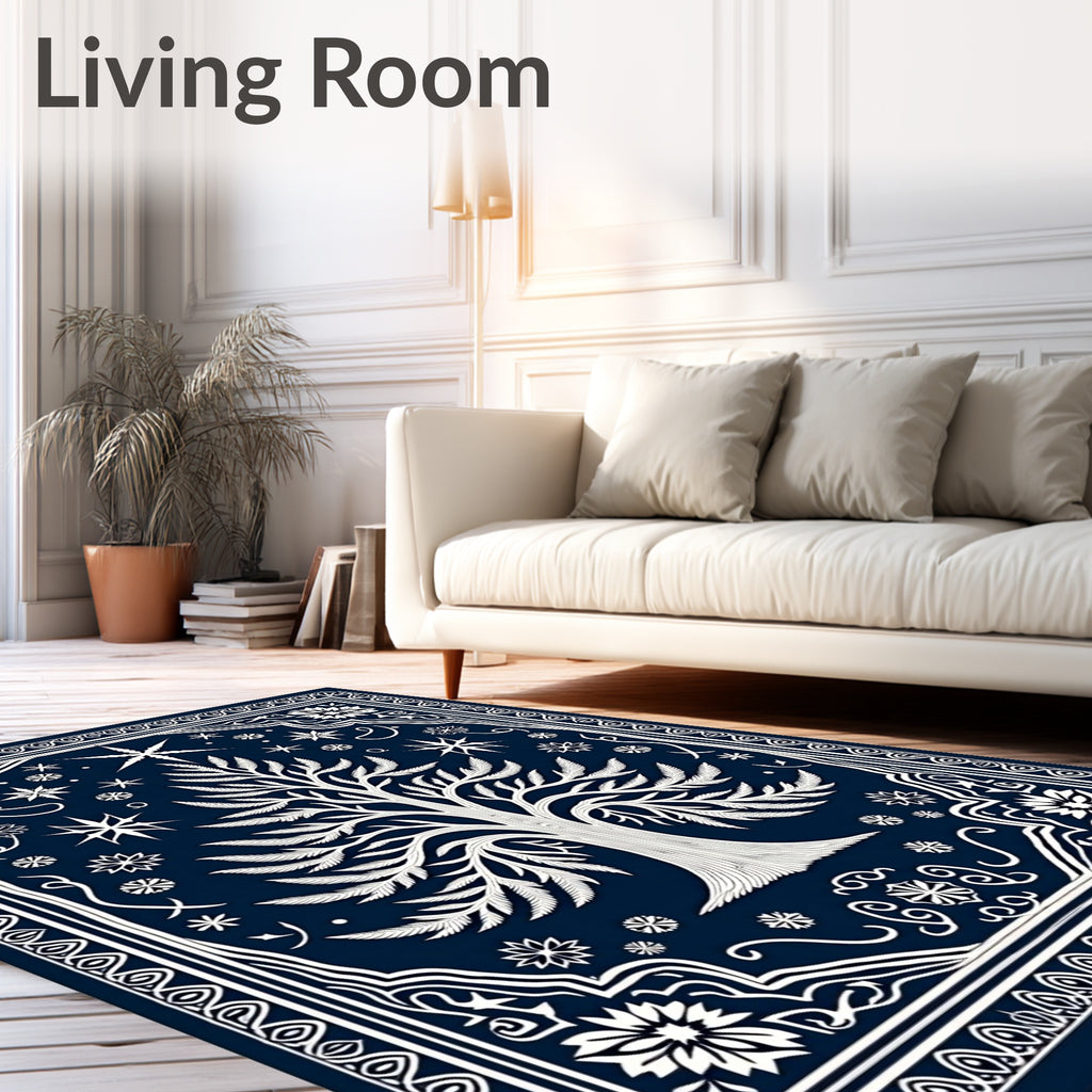 Deep Blue Celestial Tree Border Rug
