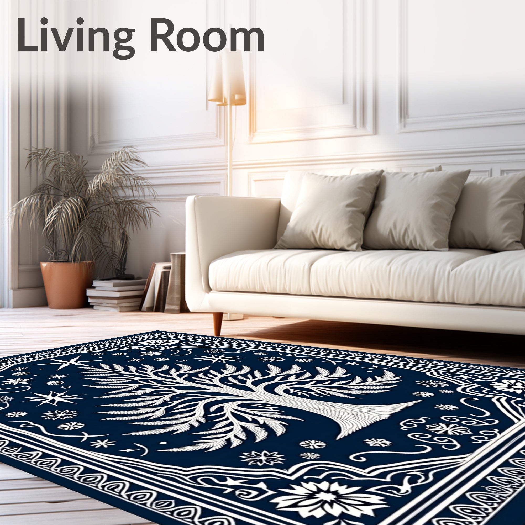 Deep Blue Celestial Tree Border Rug