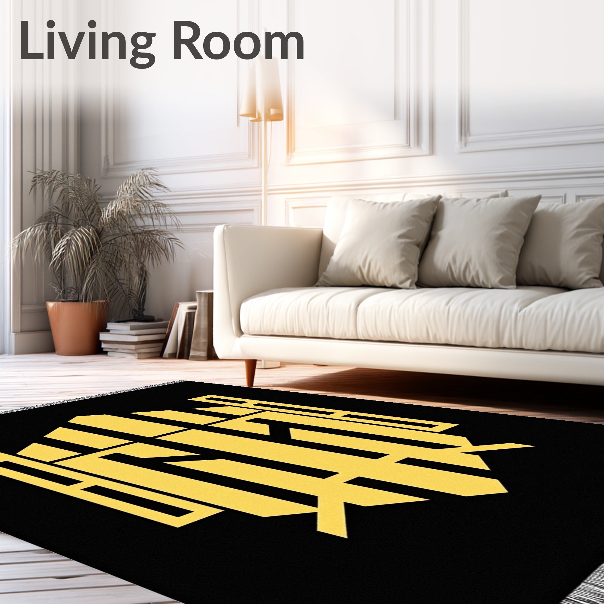 Bold Yellow Geometric Emblem Black Rug
