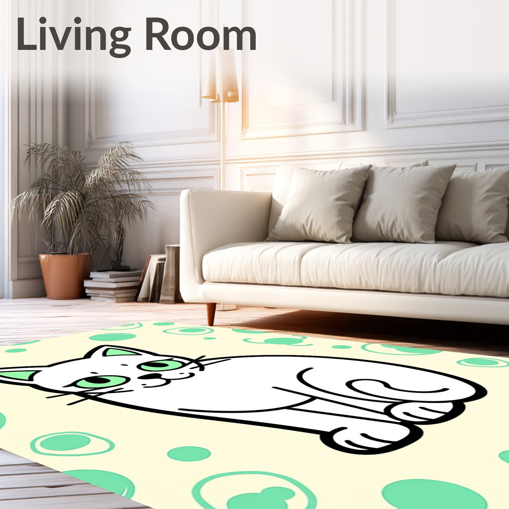 Cute White Cat Mint Bubble Background Rug