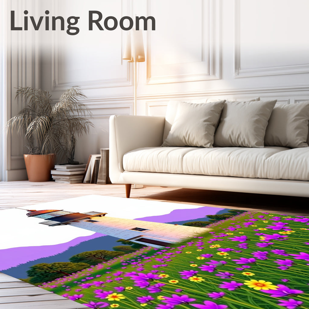 Vibrant Purple Floral Lighthouse Landscape Rug