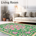 Vibrant Green Pink Floral Medallion Rug