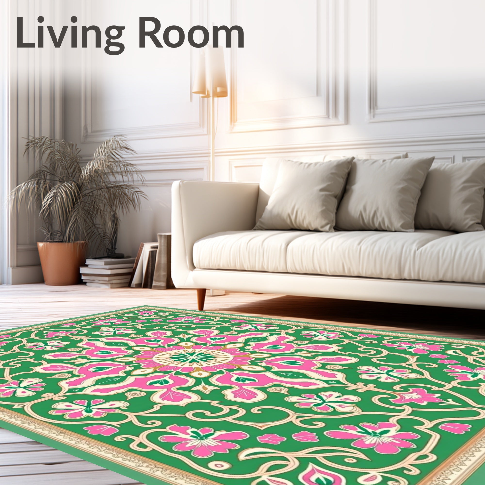 Vibrant Green Pink Floral Medallion Rug