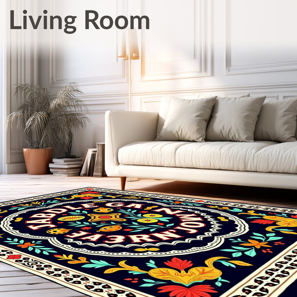 Bold Red Yellow Floral Border Rug