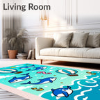 Whimsical Blue Dolphins Hot Air Balloons Adventure Rug