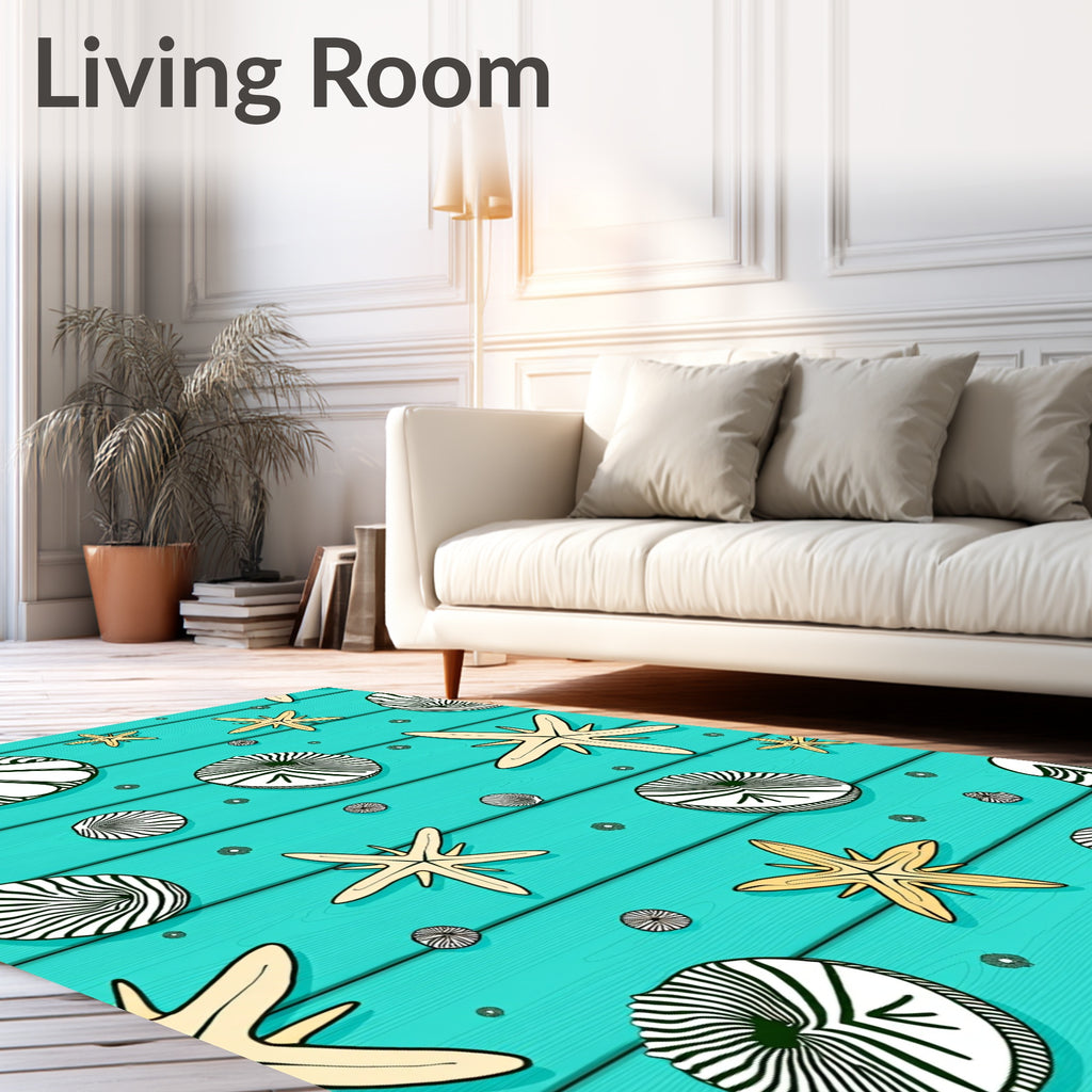 Oceanic Teal Starfish Seashell Collection Rug