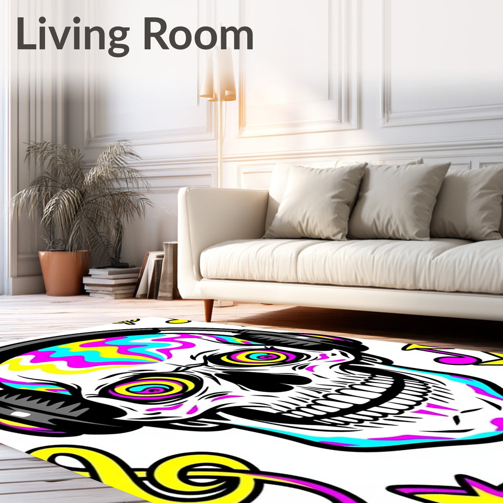Psychedelic Skull Headphones Music Notes Rug