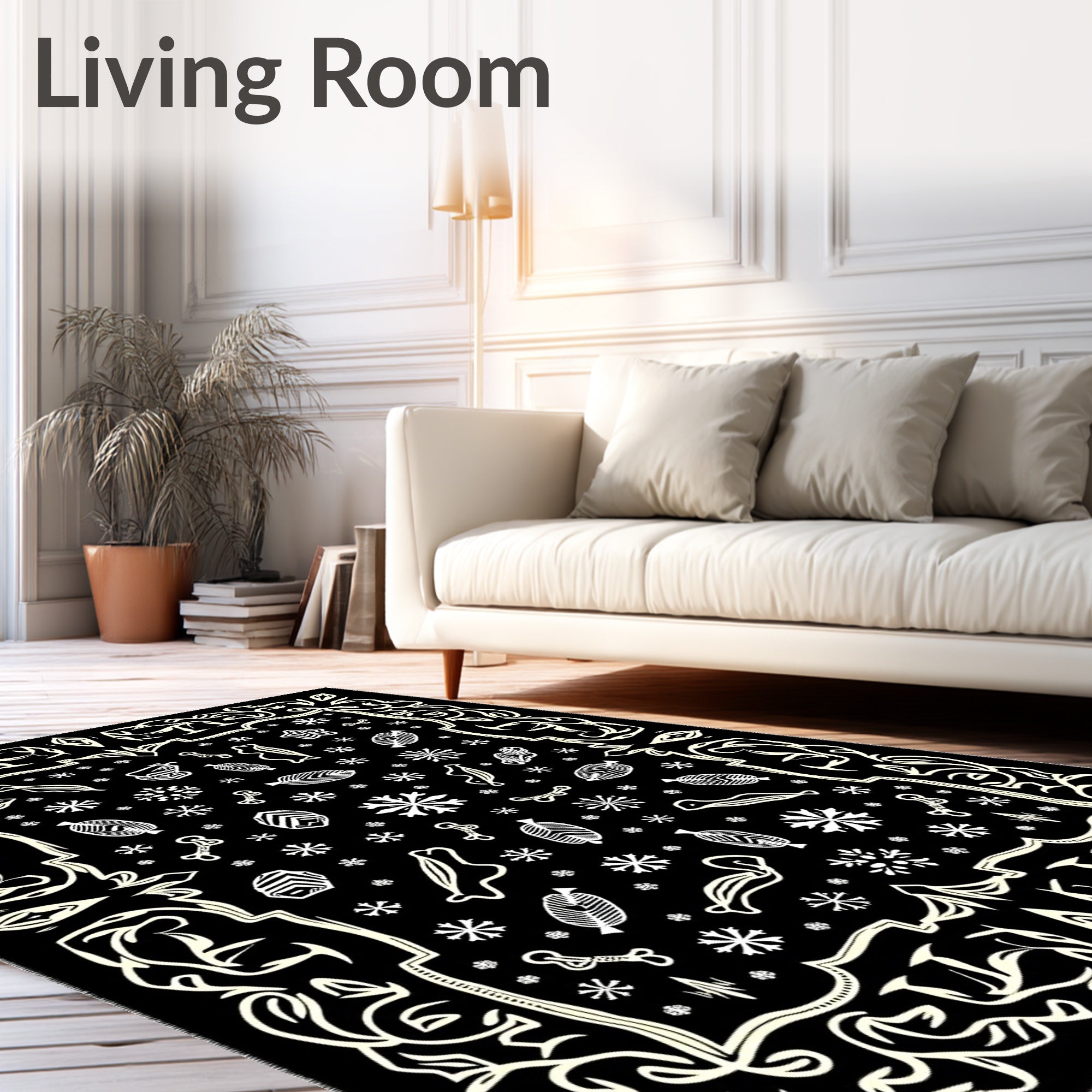 Abstract Black Ivory Whimsical Scatter Rug