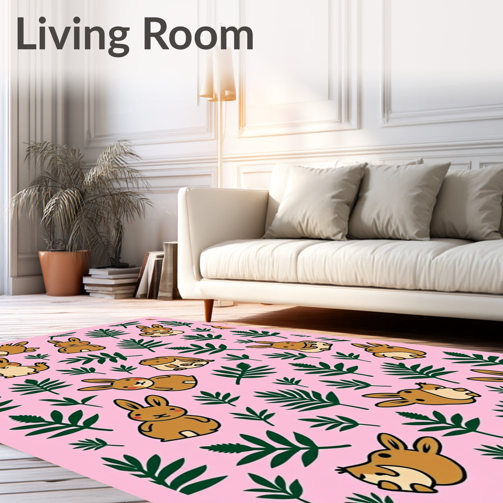 Cute Brown Bunny Green Leaf Pink Rug