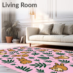 Cute Brown Bunny Green Leaf Pink Rug