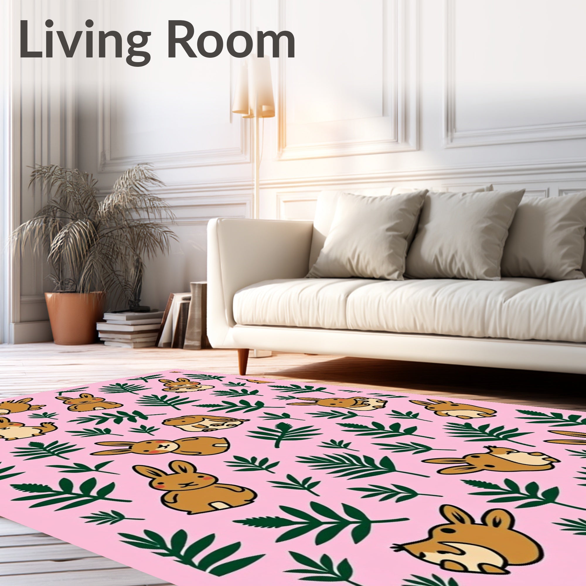 Cute Brown Bunny Green Leaf Pink Rug