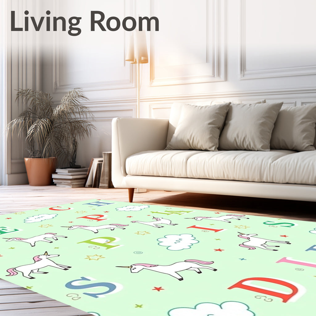 Whimsical Unicorn Alphabet Clouds Stars Rug