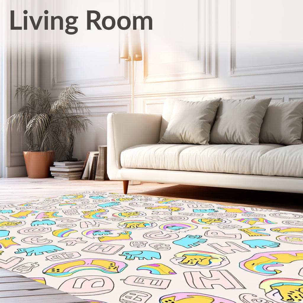 Pink Blue Yellow Alphabet Animals Whimsy Rug