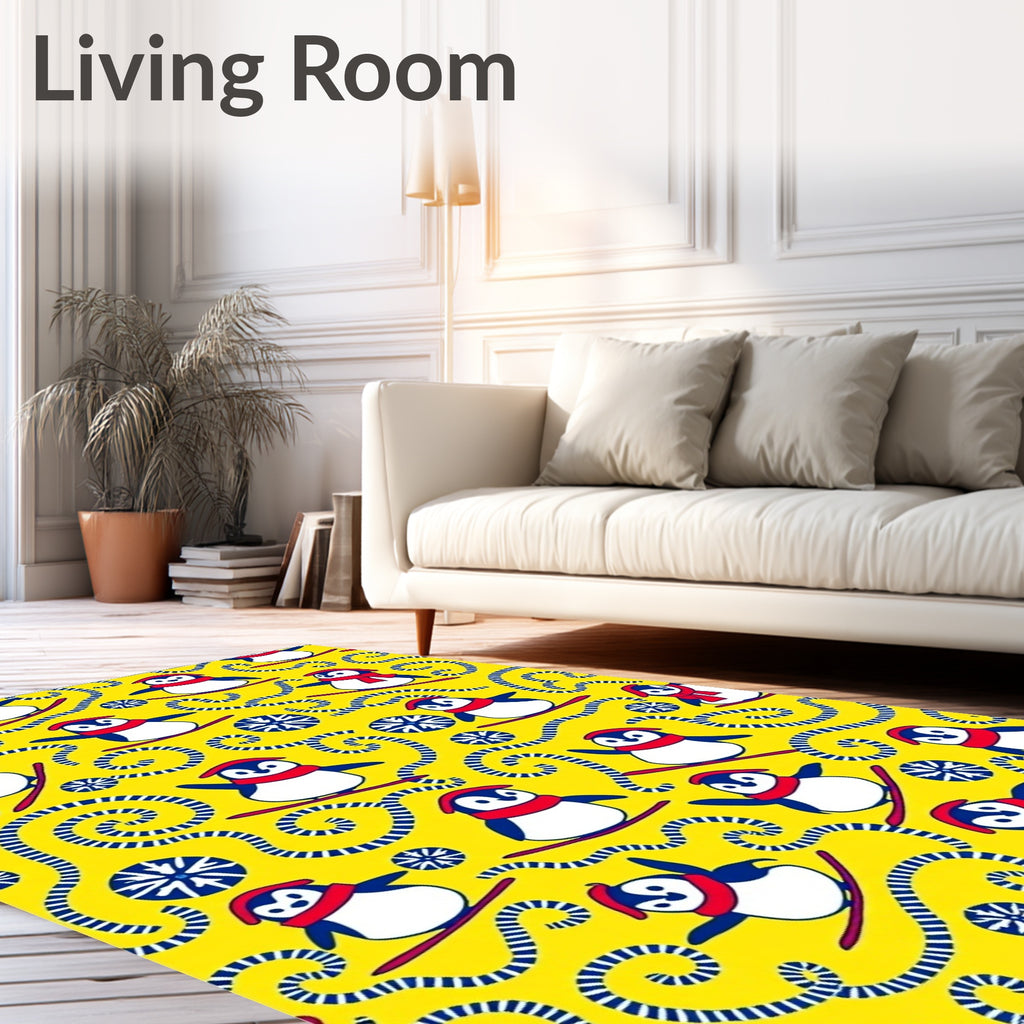 Yellow Skiing Penguin Swirl Snowflakes Rug