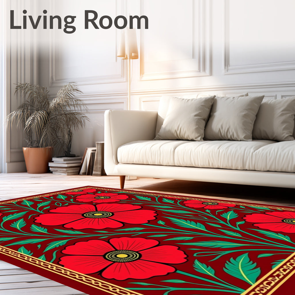 Vibrant Red Poppy Floral Garden Rug