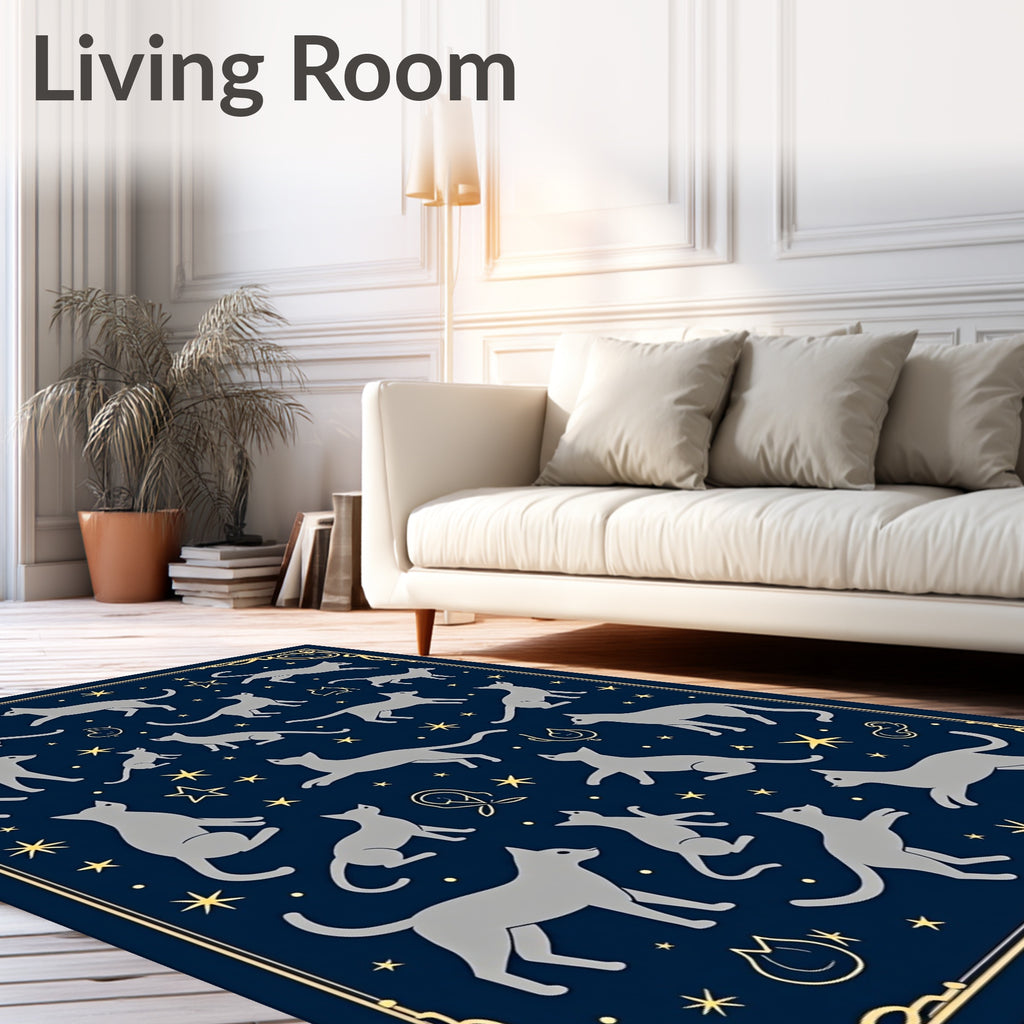 Navy Blue Silhouettes Whimsical Cats Stars Rug