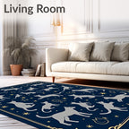 Navy Blue Silhouettes Whimsical Cats Stars Rug