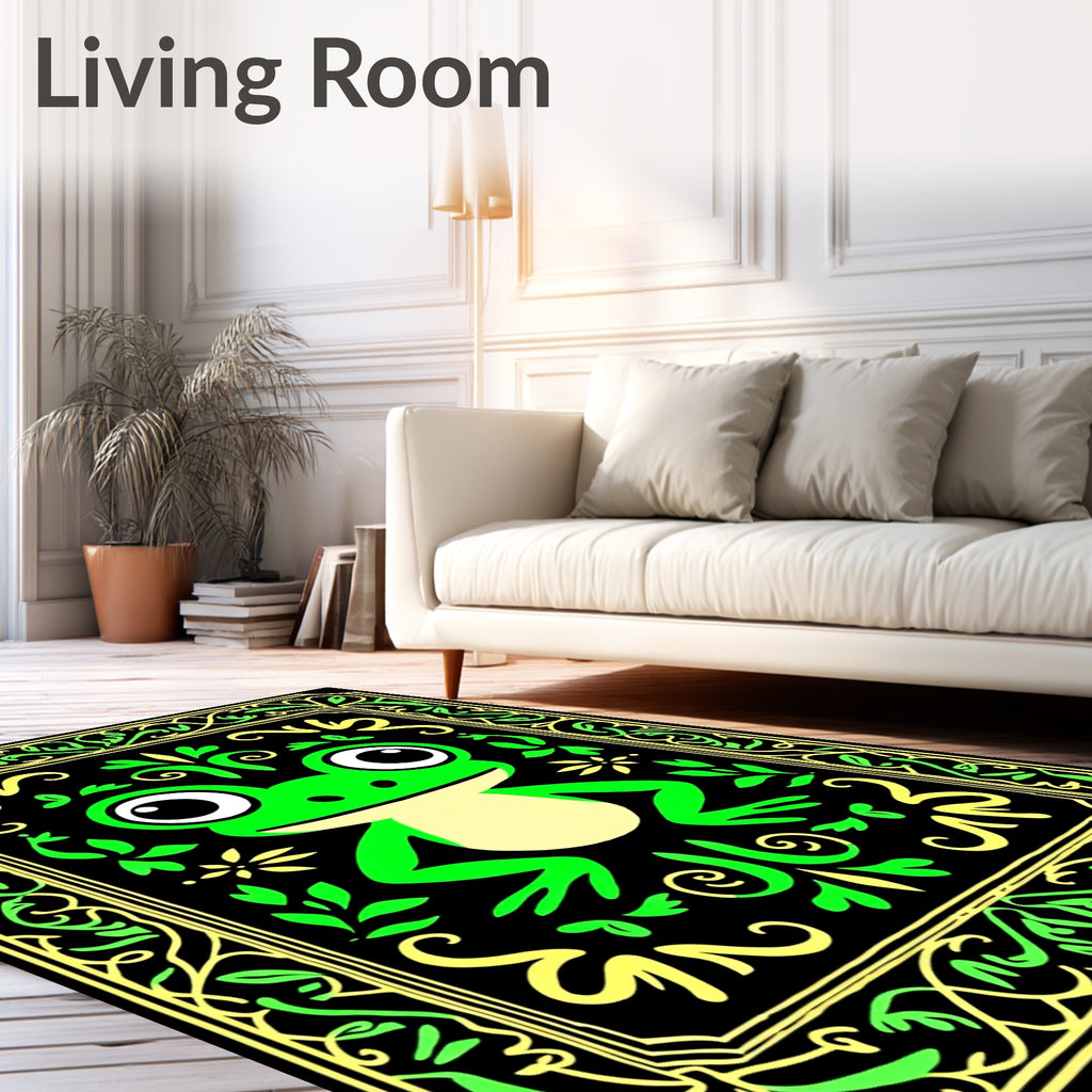 Whimsical Green Frog Floral Frame Rug