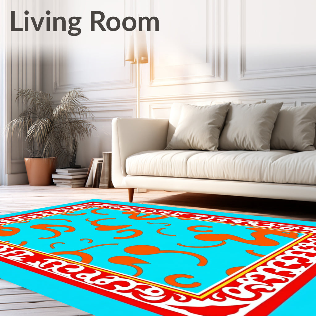 Bright Orange Swirls Teal Border Rug
