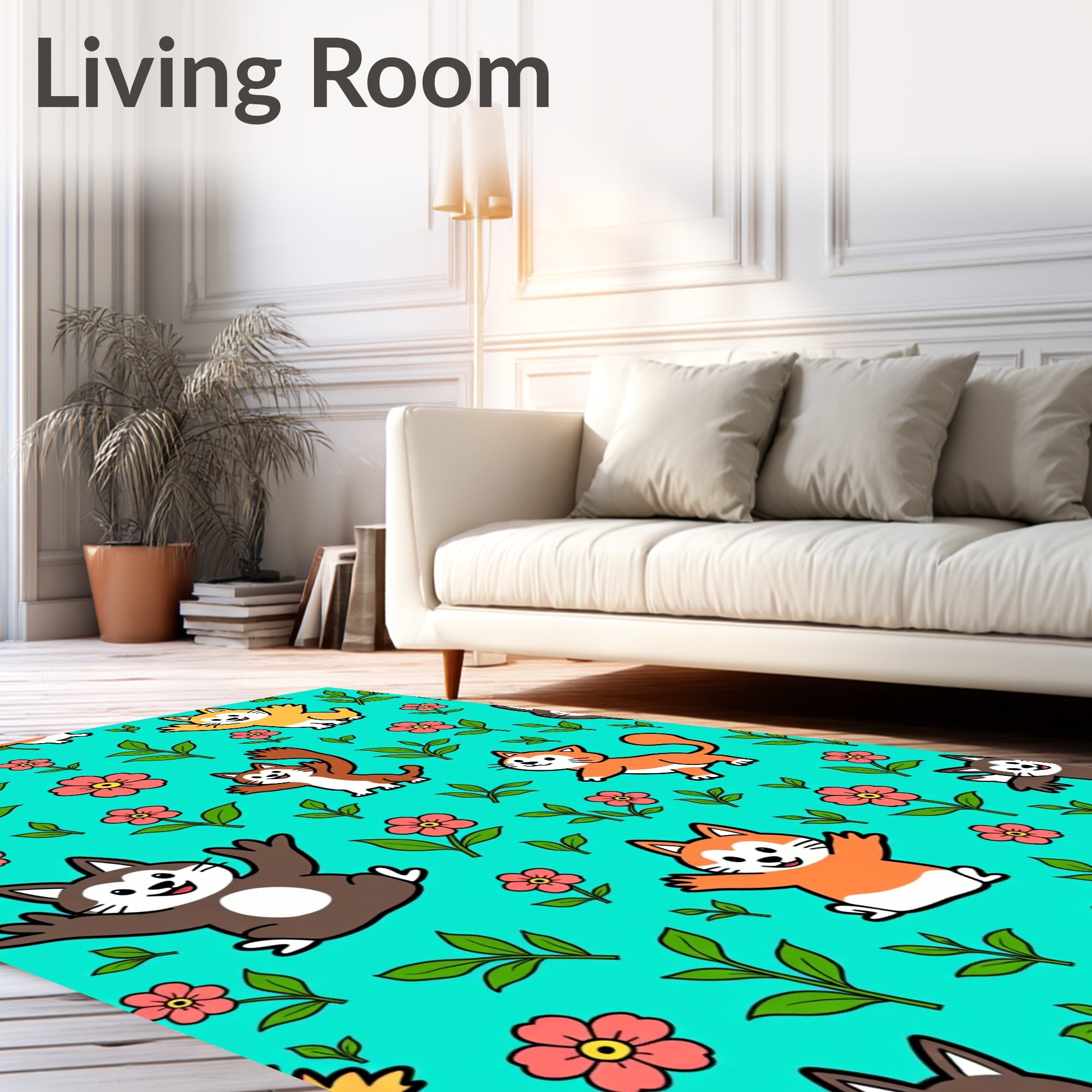 Whimsical Cat Floral Garden Teal Rug