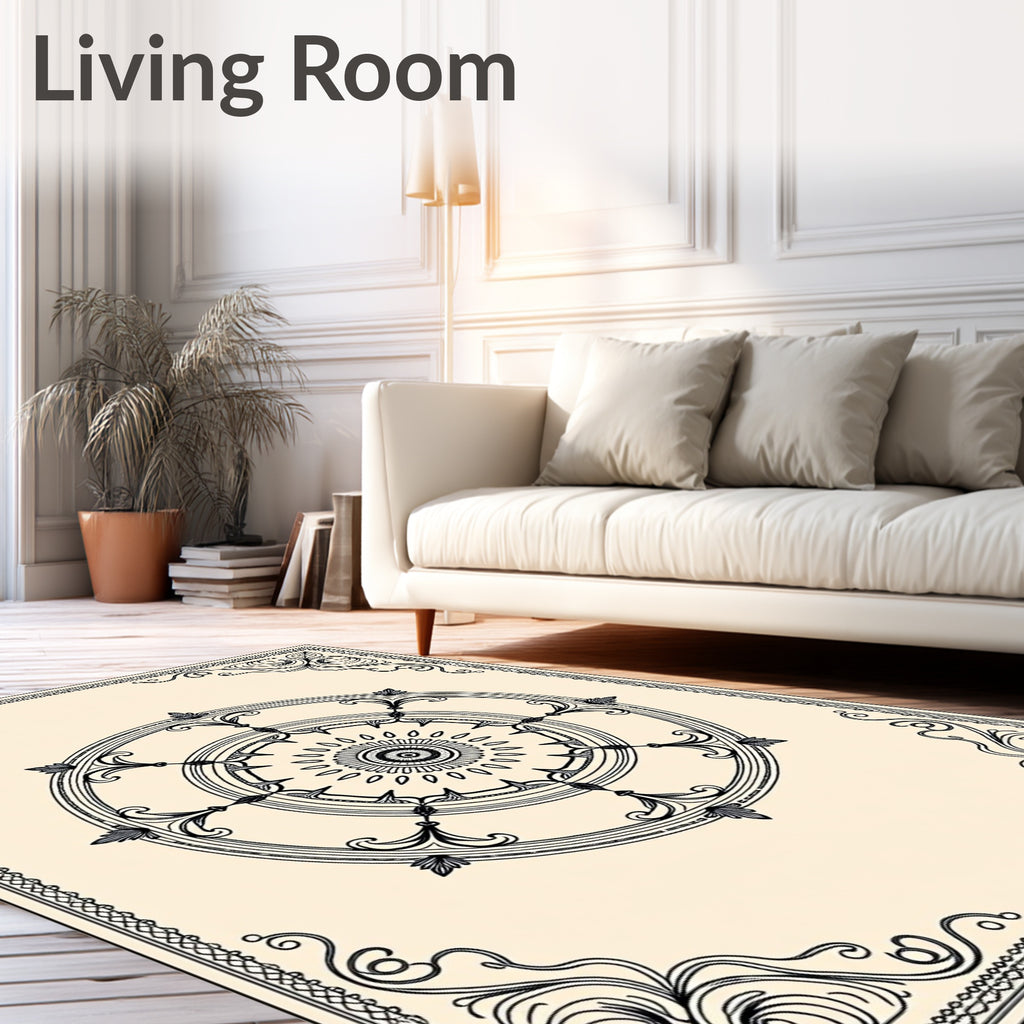 Vintage Black Floral Wheel Frame Rug