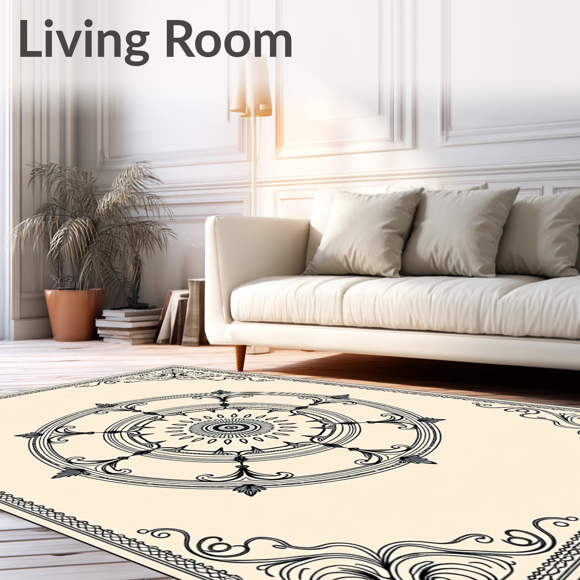 Vintage Black Floral Wheel Frame Rug
