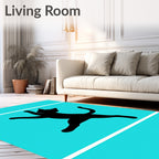 Black Silhouette Jumping Cat Turquoise Rug