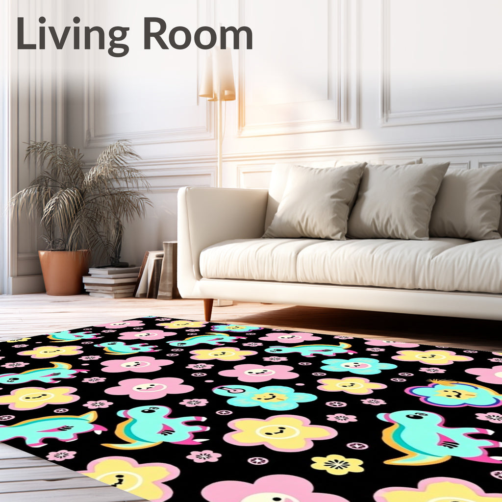 Cute Teal Dinosaurs Pink Yellow Flowers Rug